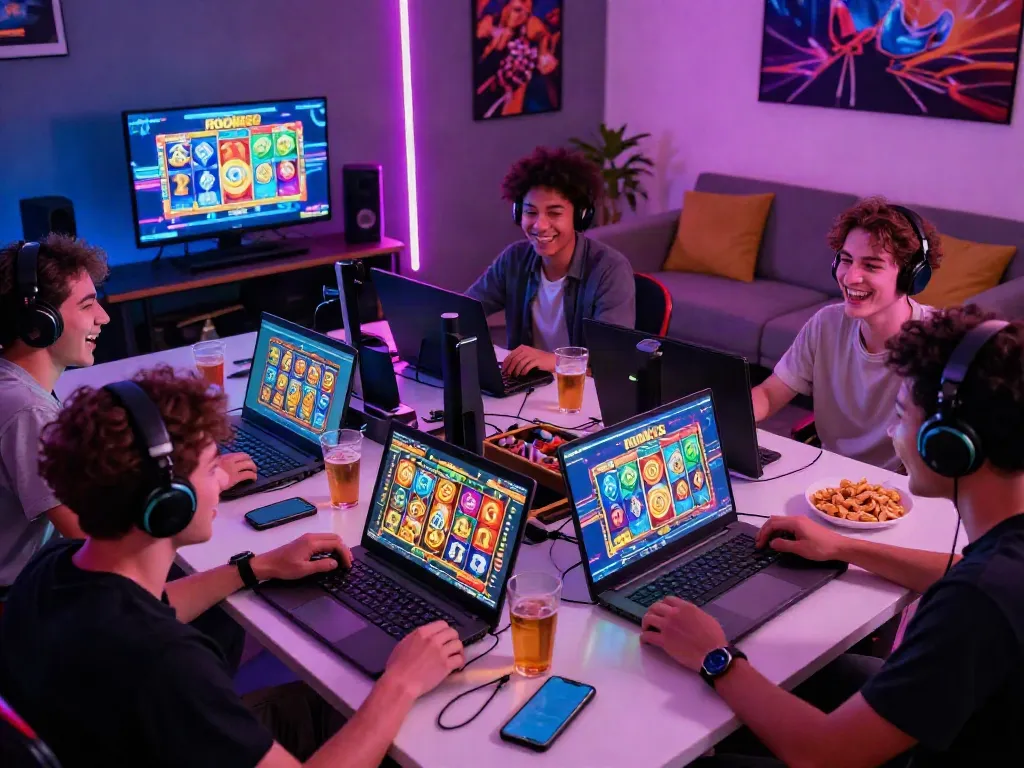 Exciting group of players enjoying rokok88 slot games in a vibrant, modern gaming setup.