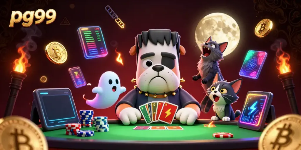Experience the thrill of pg99 with this dynamic 3D illustration featuring monster dealers, crypto elements, and ghostly fun.
