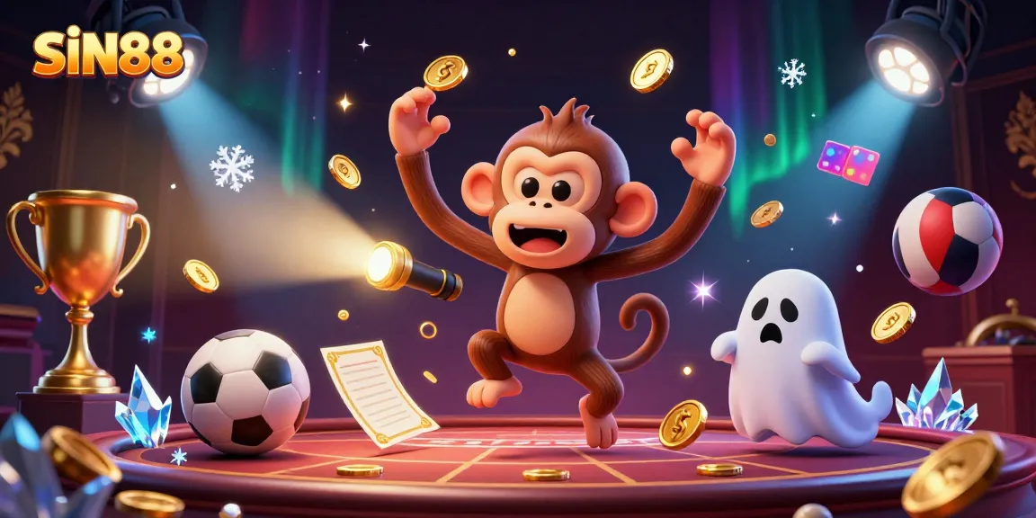Experience the thrill of SIN88 as a playful poltergeist monkey juggles golden coins in a haunted casino