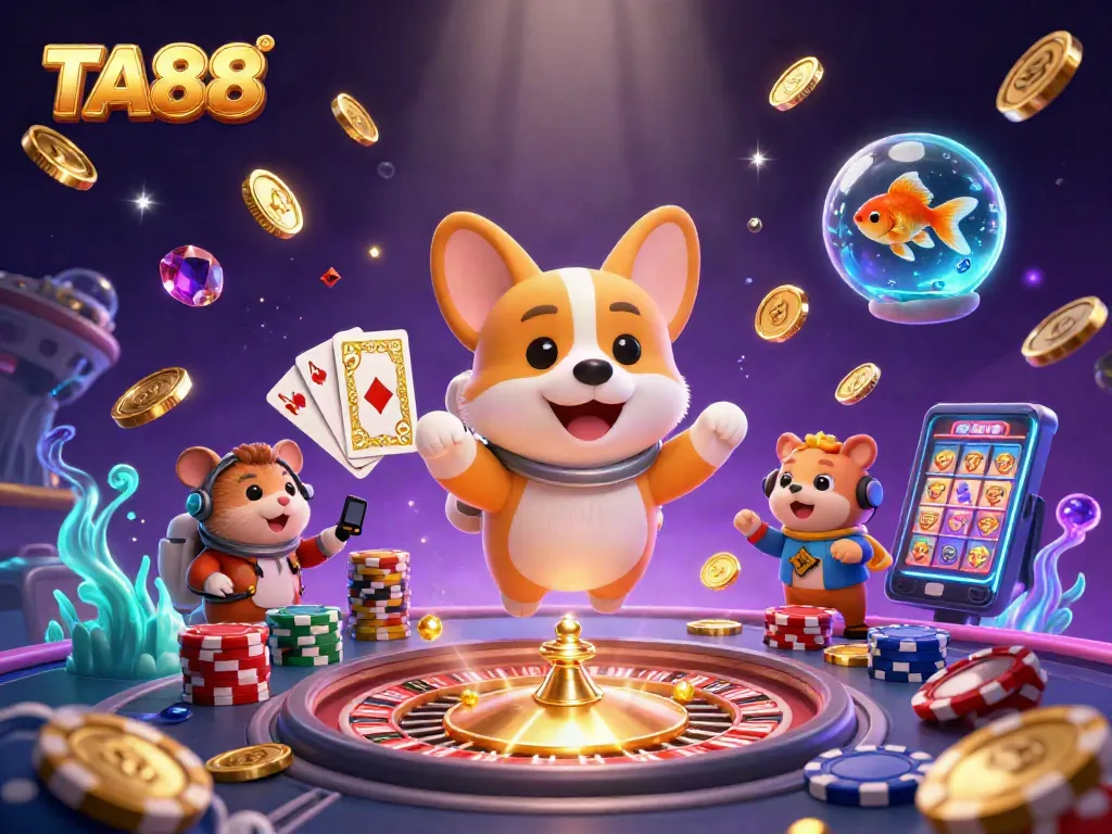 TA88 promotes thrilling online casino experiences with floating characters enjoying games amid vibrant visuals.