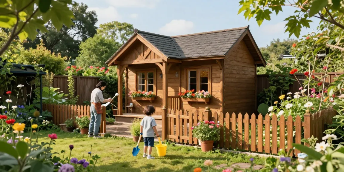 Ein schöner Garten mit einem Gartenhaus und spielenden Kindern, ideal für Gartenhäuser.
