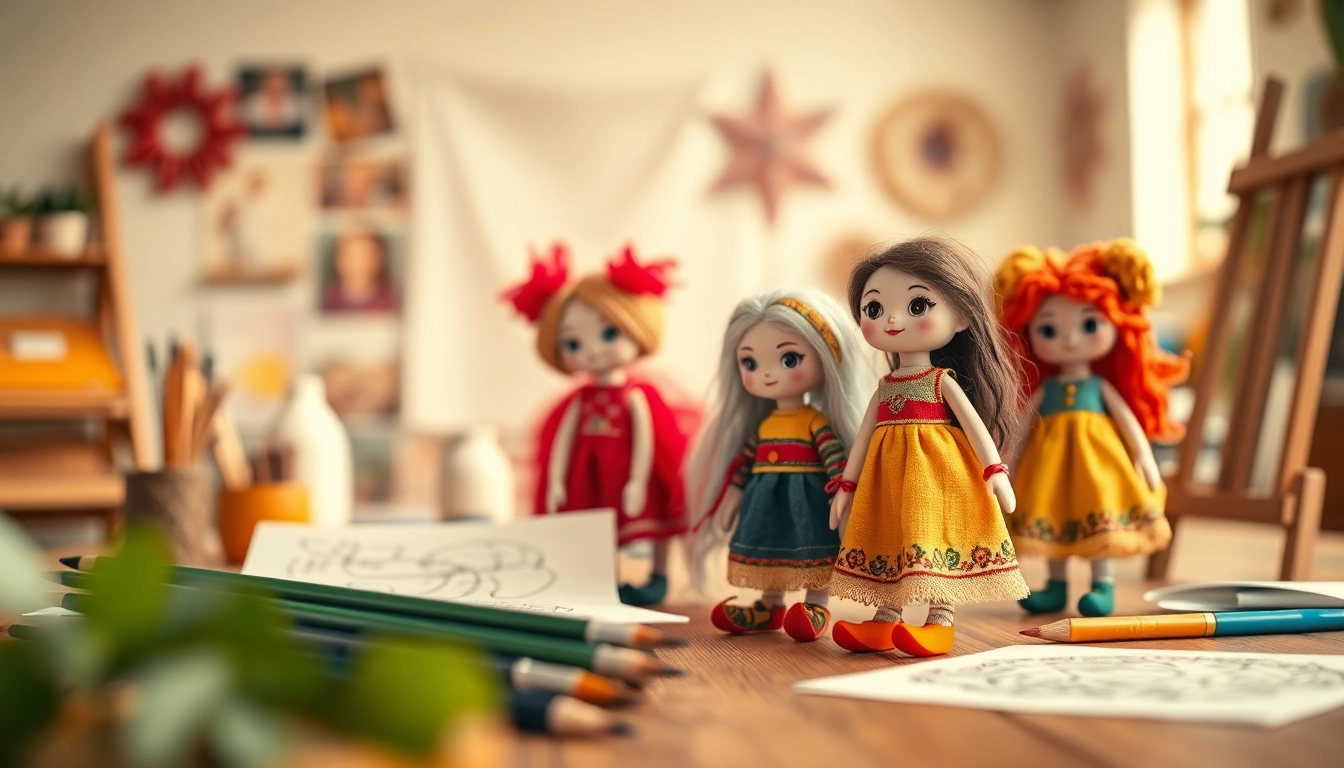 Gestalte einzigartiger Gutdolls in einer bunten Werkstatt mit detailreicher Handwerkskunst.