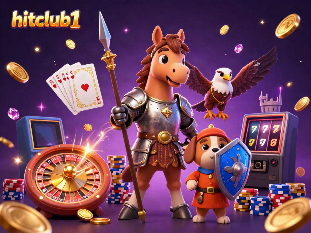 Experience hitclub1 with an engaging scene of medieval-themed characters in a casino setting filled with gold coins and poker chips.