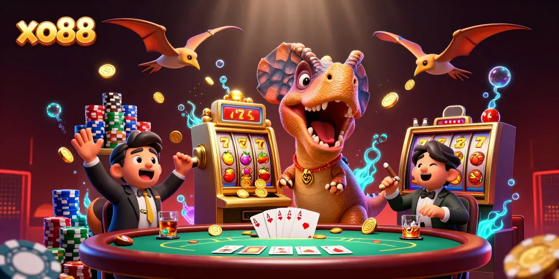 Experience the excitement of xo88 with a colorful 3D casino scene featuring adventurous characters and jackpot moments.