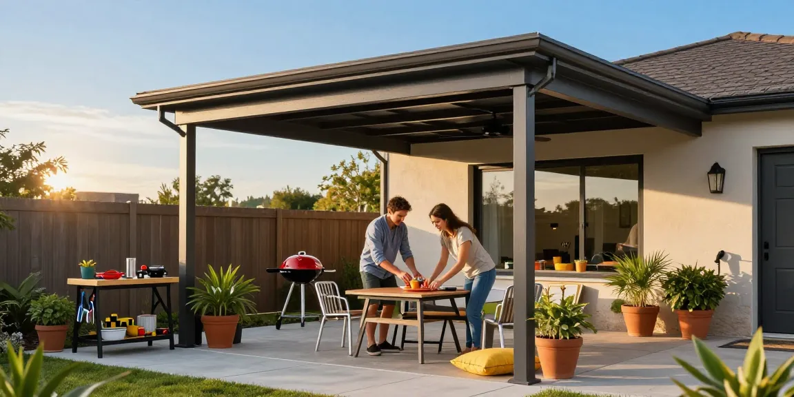 Moderner Carport im Garten mit Möbelaufbau und schöner Atmosphäre