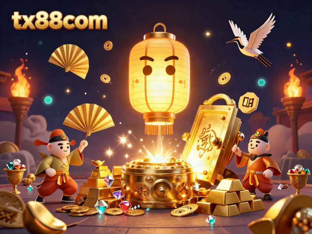 Engage with tx88com in a vibrant 3D casino scene filled with golden treasures and mystical symbols.
