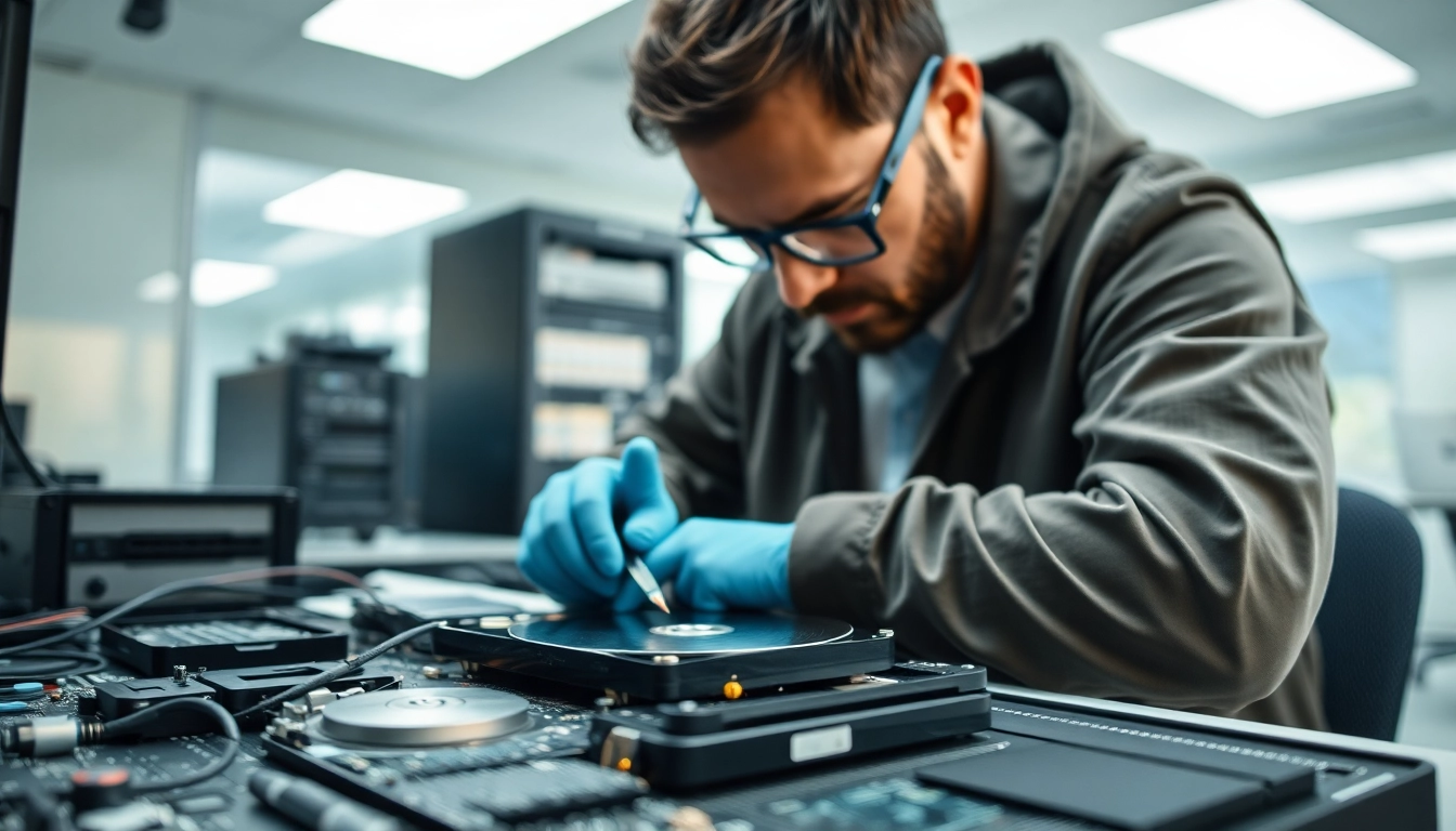 Datenrettung Festplatte Wien durch einen Techniker in einem modernen Büro, der präzise an einem Computer arbeitet.