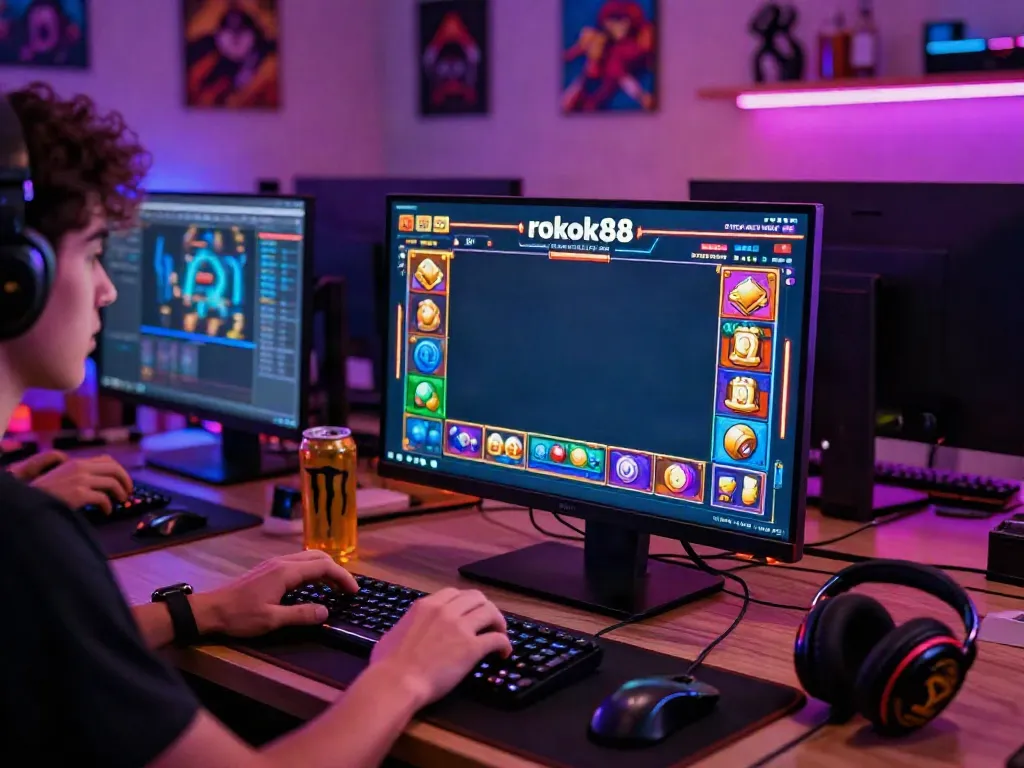 Exciting gaming atmosphere with rokok88 slot on monitor and accessories