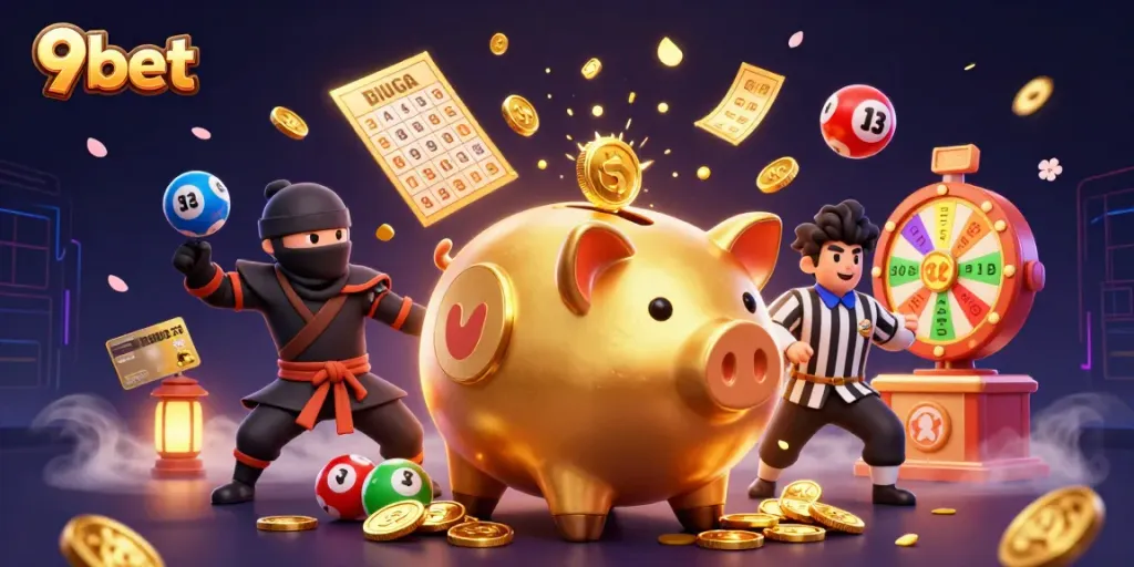 Join the fun at 9bet's exciting 3D gaming scene with lively characters and dynamic casino elements!