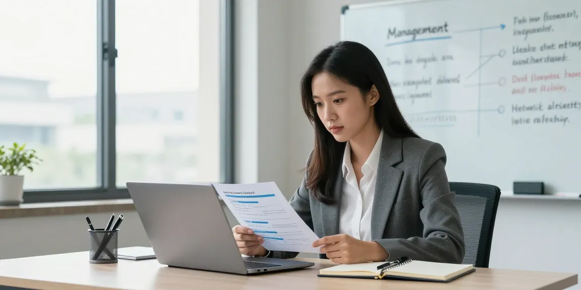 Stress mit Chef: Mitarbeiterin analysiert Feedback in modernem Büro.