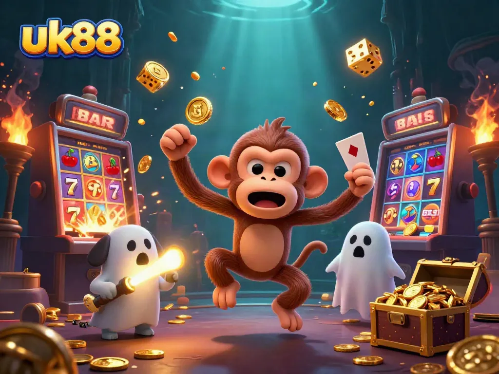 Feel the thrill of uk88 with a playful poltergeist monkey juggling casino treasures in a vibrant scene.