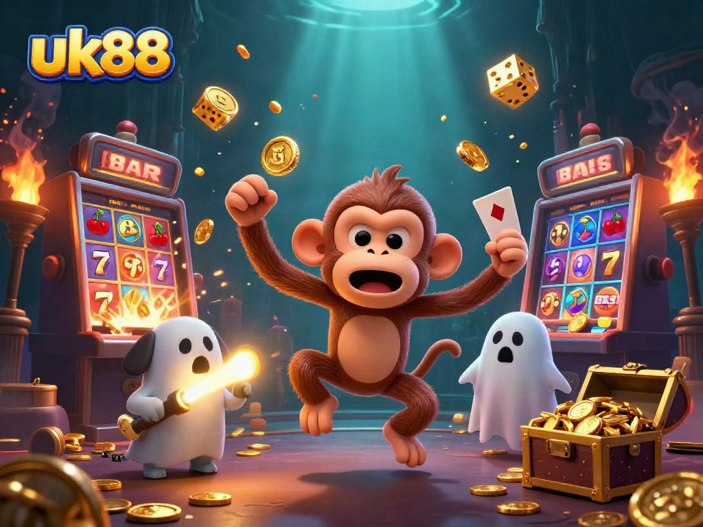 Feel the thrill of uk88 with a playful poltergeist monkey juggling casino treasures in a vibrant scene.