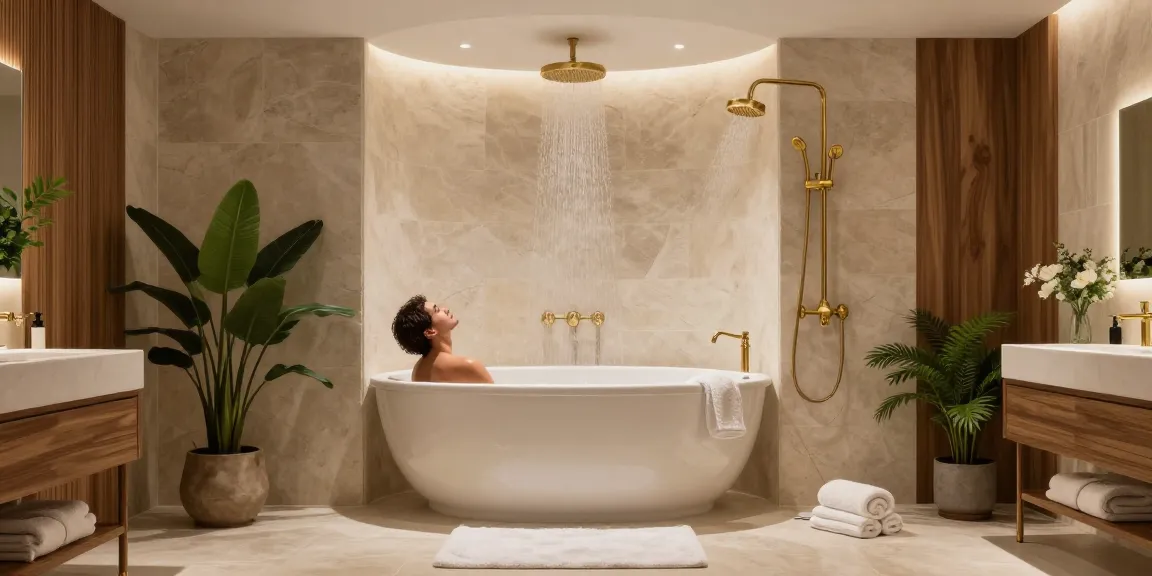 Regendouche messing installatie in een luxueuze badkamer, met nadruk op elegantie en comfort.