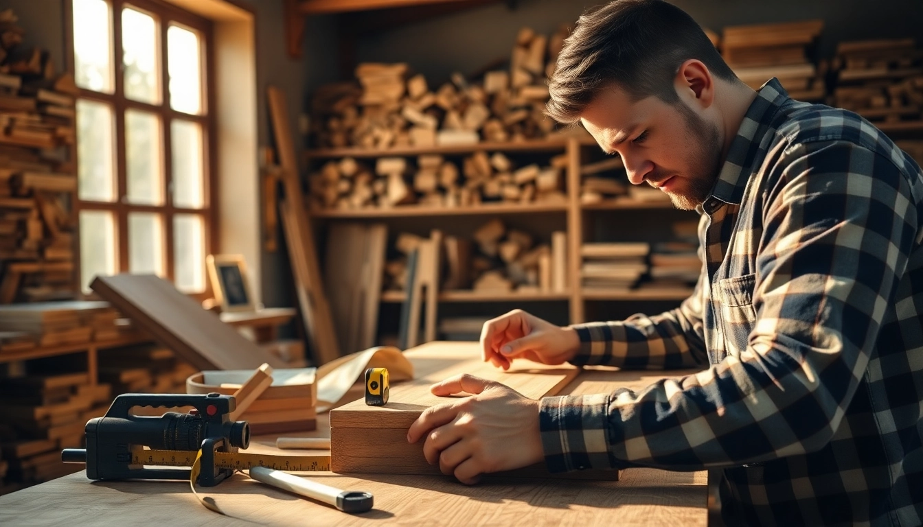 Craftsman carpenter measuring wood in a sunlit workshop filled with tools and materials.