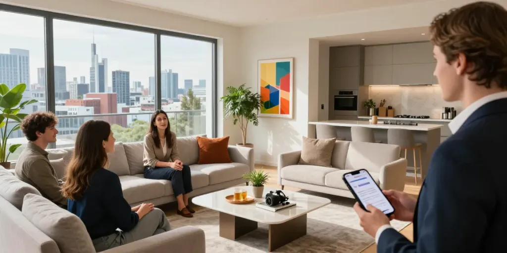 Präsentation von Immobilien durch den besten Immobilienmakler Frankfurt in einem modernen Frankfurter Apartment mit Stadtblick.
