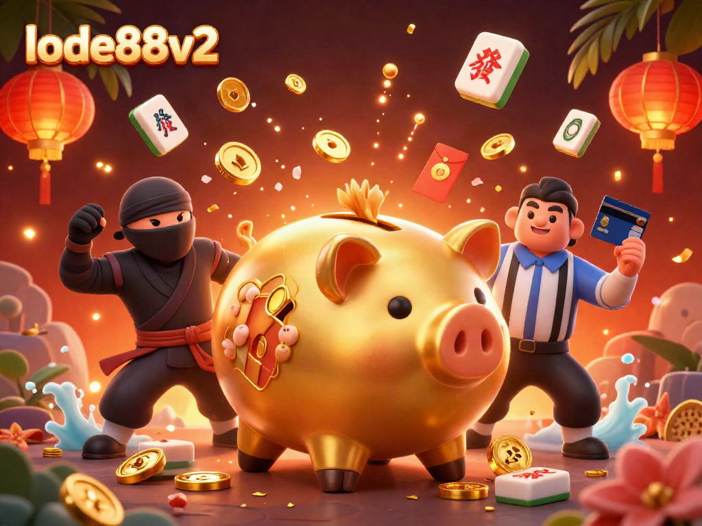 Engage with lode88v2 in a vibrant casino scene featuring a sumo wrestler and ninja with golden coins exploding around them.