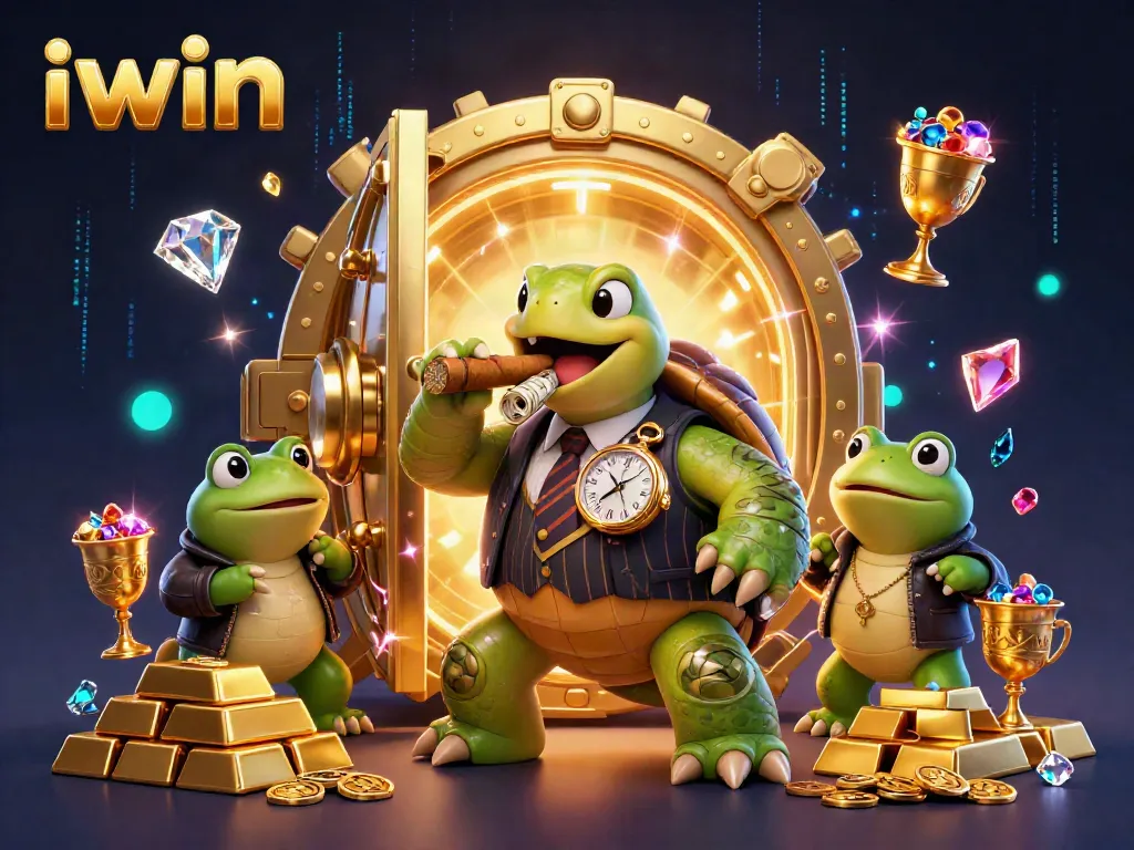 Iwin's vibrant casino scene showcases a snapping turtle in mobster attire with golden treasures and lively bullfrog enforcers.