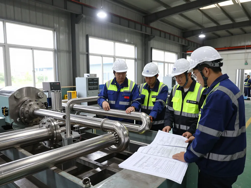 Engineers inspecting sumwin stainless steel pipes in a factory.