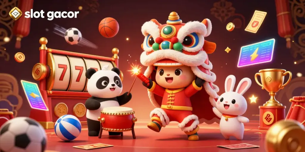 Experience the excitement of slot gacor with a vibrant lion dance illustration and dynamic gaming elements.