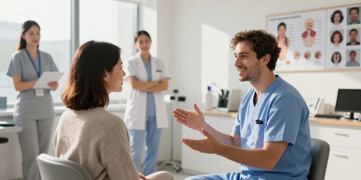 Patient consulting about Haartransplantation Türkei in a modern clinic, discussing options with a surgeon.