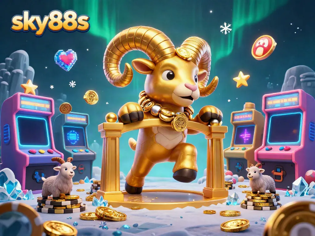 Experience thrilling gaming at sky88s with a charging golden ram amidst arcade excitement and casino elements.