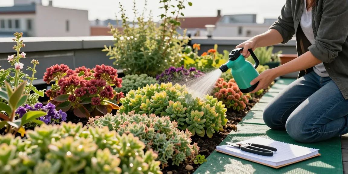Bunte winterharte kleinwüchsige Sedum-Arten, präsentiert in einem Dachgarten, mit einem Gärtner, der niedrigwachsende Pflanzen gießt.