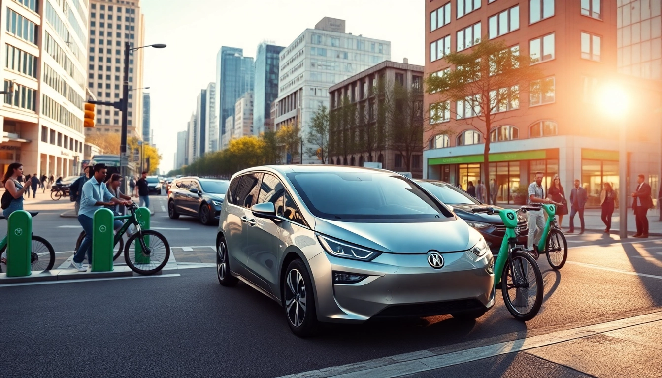 Smart Mobility Lösungen in lebendiger Stadtlandschaft mit elektrischen Fahrzeugen und Fahrradverleihstationen.