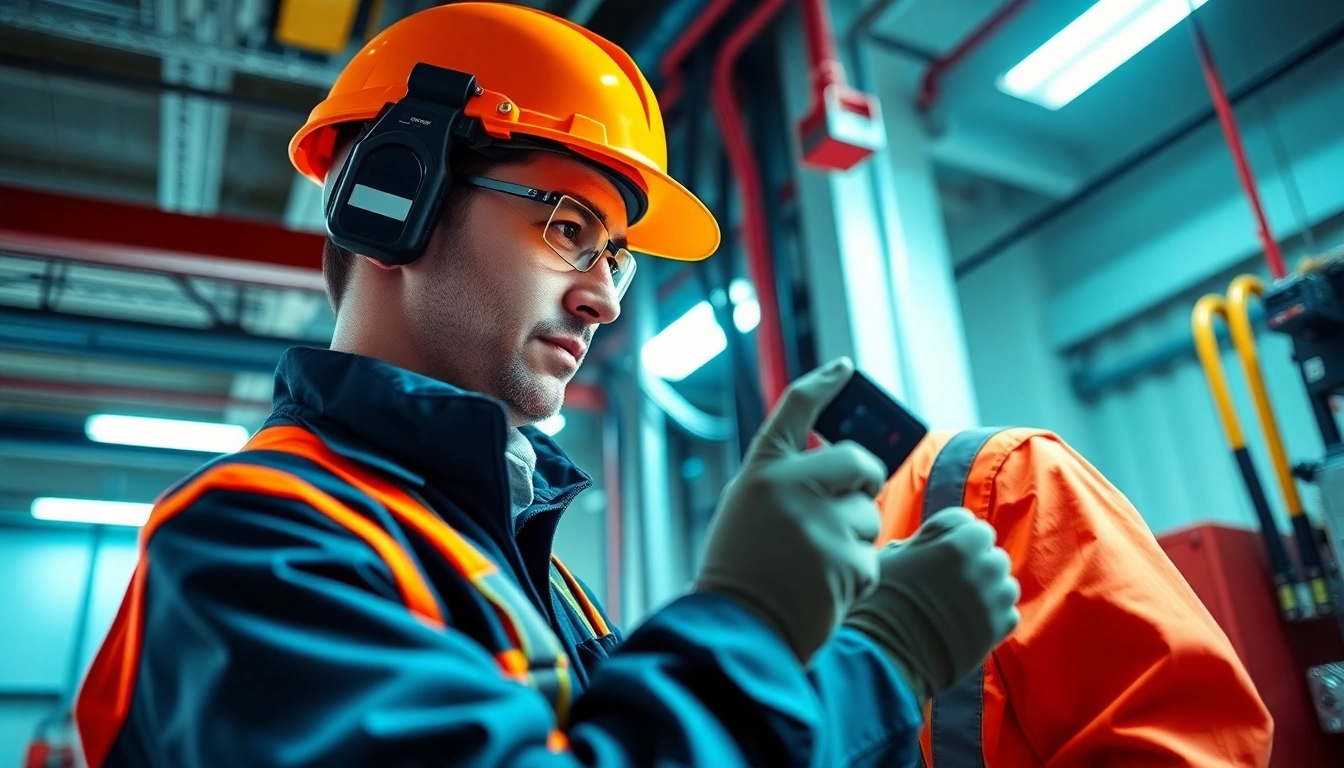 Technician performing a DGUV V3 Prüfung, showcasing professionalism and safety protocols in a bright industrial setting.