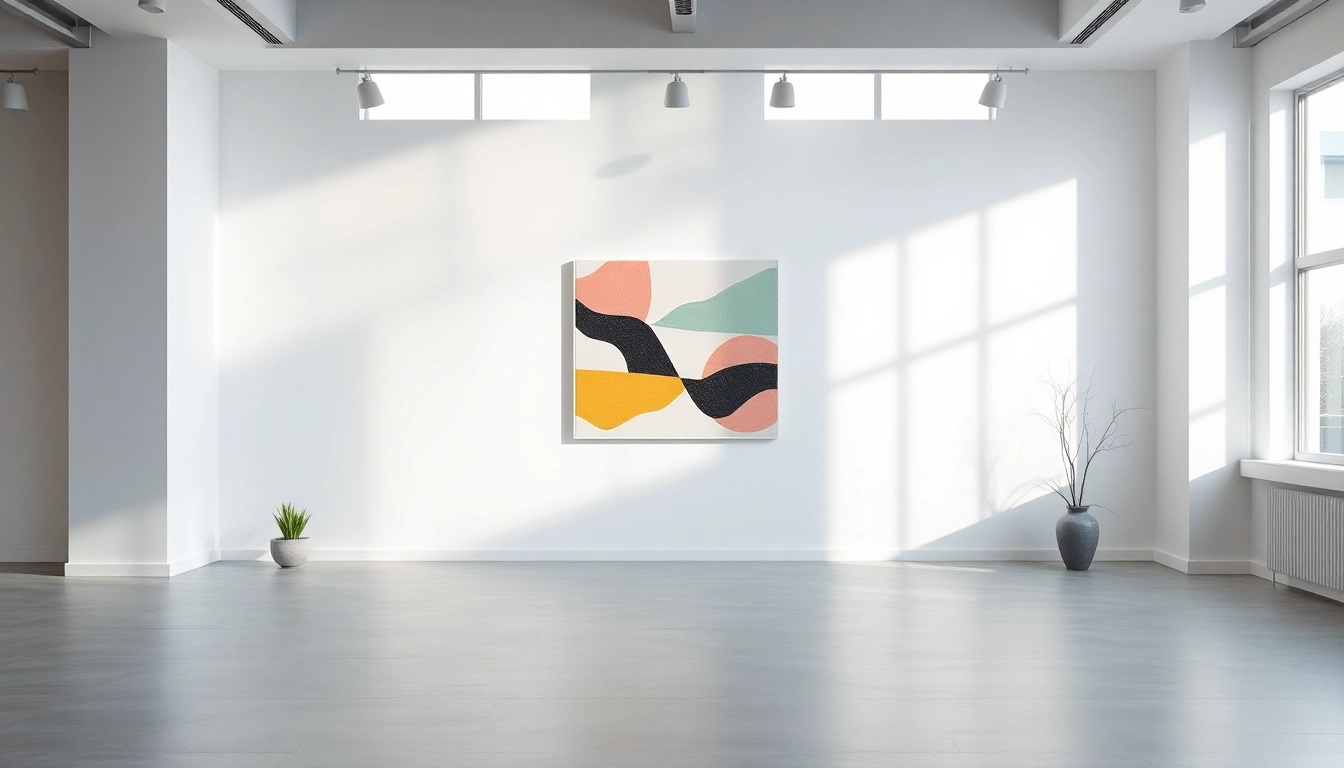 Moderne wandbilder in einer hellen Galerie mit minimalistischen, abstrakten Designs.