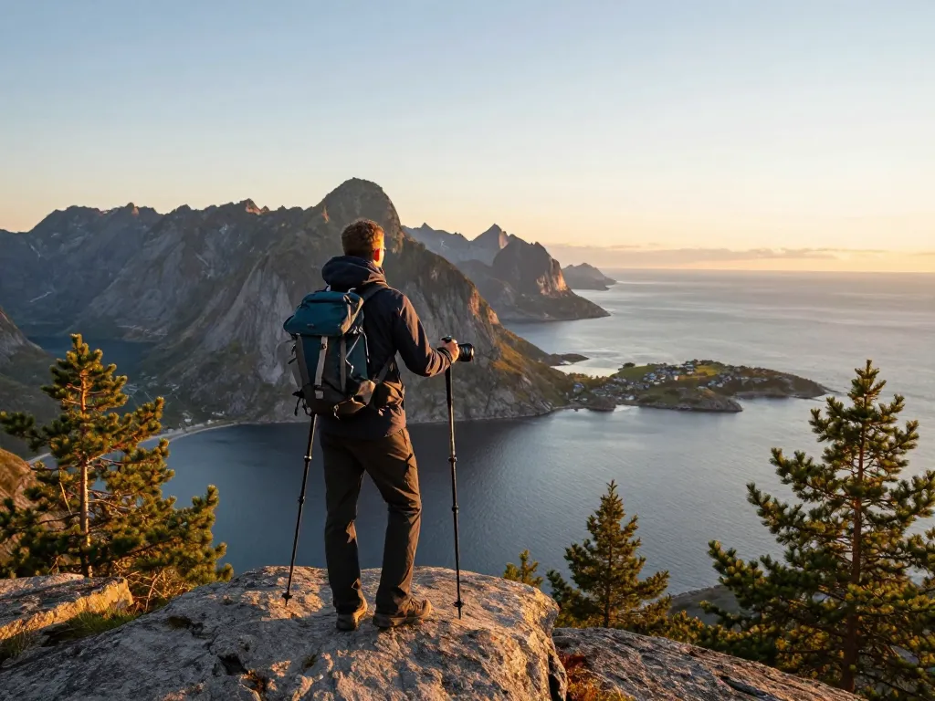 Skandinavische Reisetipps hervorgehoben mit einem Reisenden auf den Lofoten-Inseln während des Sonnenuntergangs.