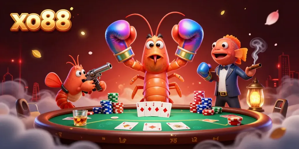 Engage in poker excitement with xo88, featuring vibrant characters and rich casino elements.