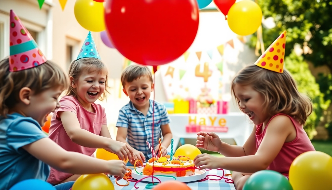 Kindergeburtstag 4 Jahre mit fröhlichen Kindern, die Spiele im Freien genießen