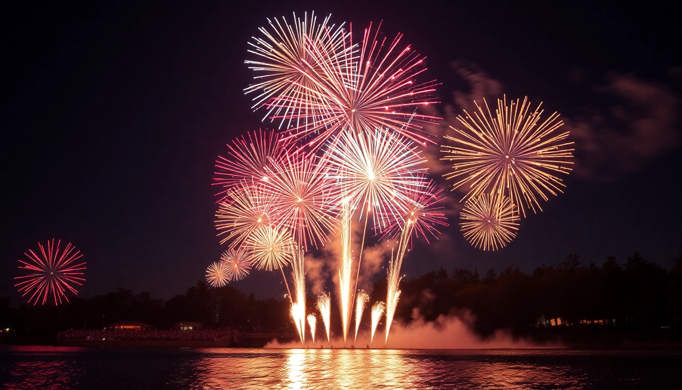Wholesale fireworks exploding in a vibrant night sky, energizing a festive crowd.