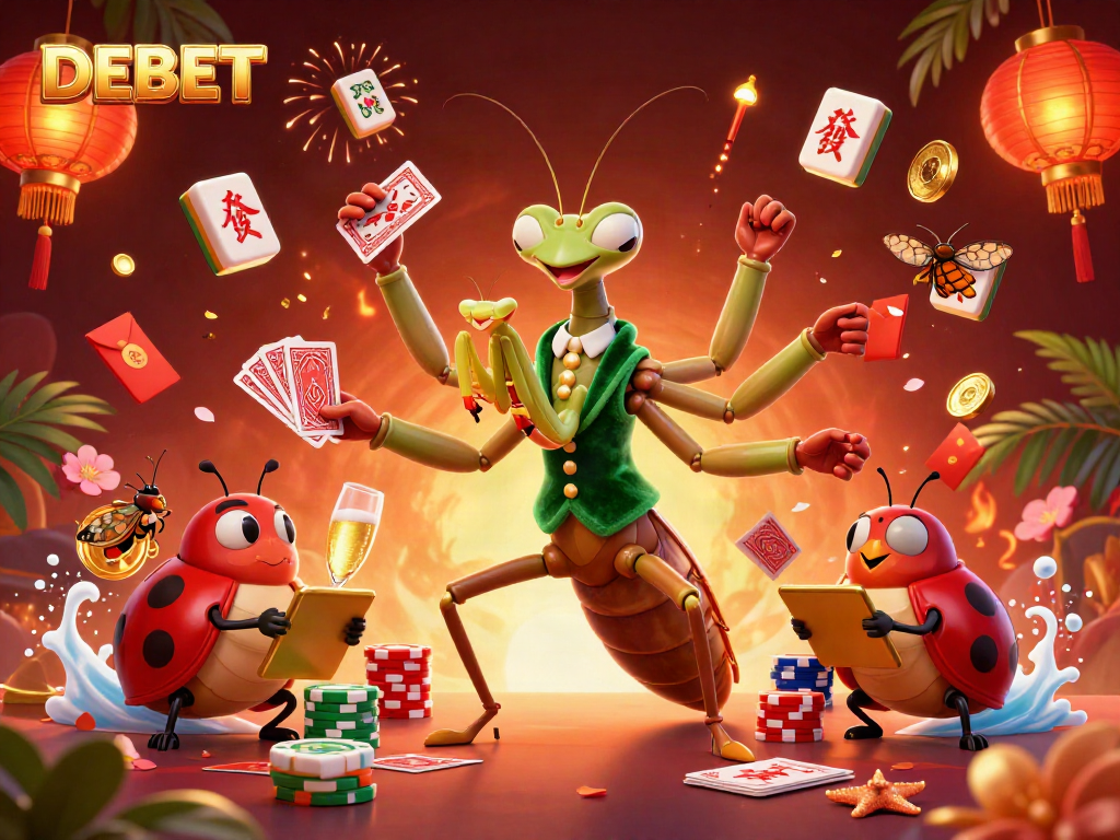 DEBET showcases a lively casino scene with vibrant characters engaged in card games.