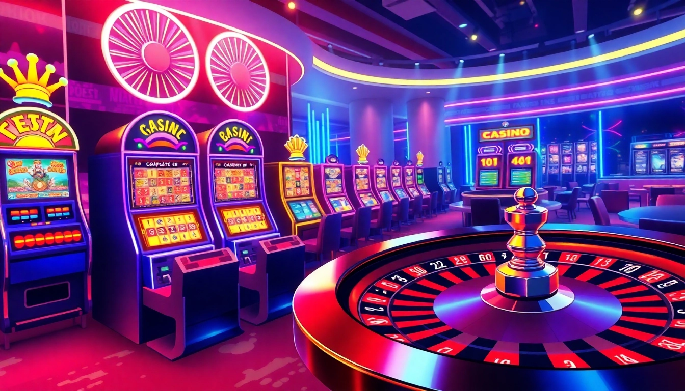 Play thrilling games at a casino online schweiz with colorful slot machines and an exciting roulette table.