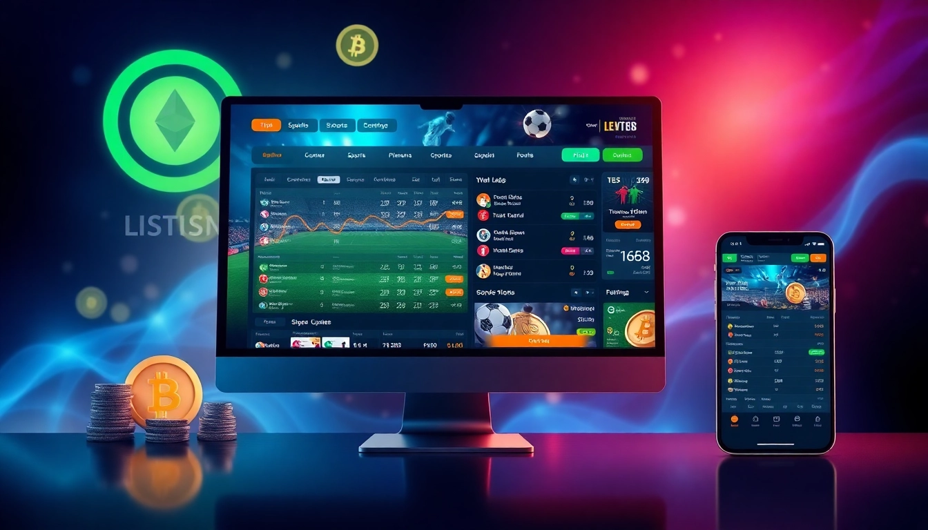Explore an engaging crypto betting platform with diverse sports betting options displayed on sleek screens.