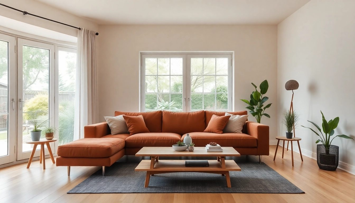 Raumgestaltung des eleganten Wohnzimmers mit bequemen Sofa und gemütlichen Kissen.