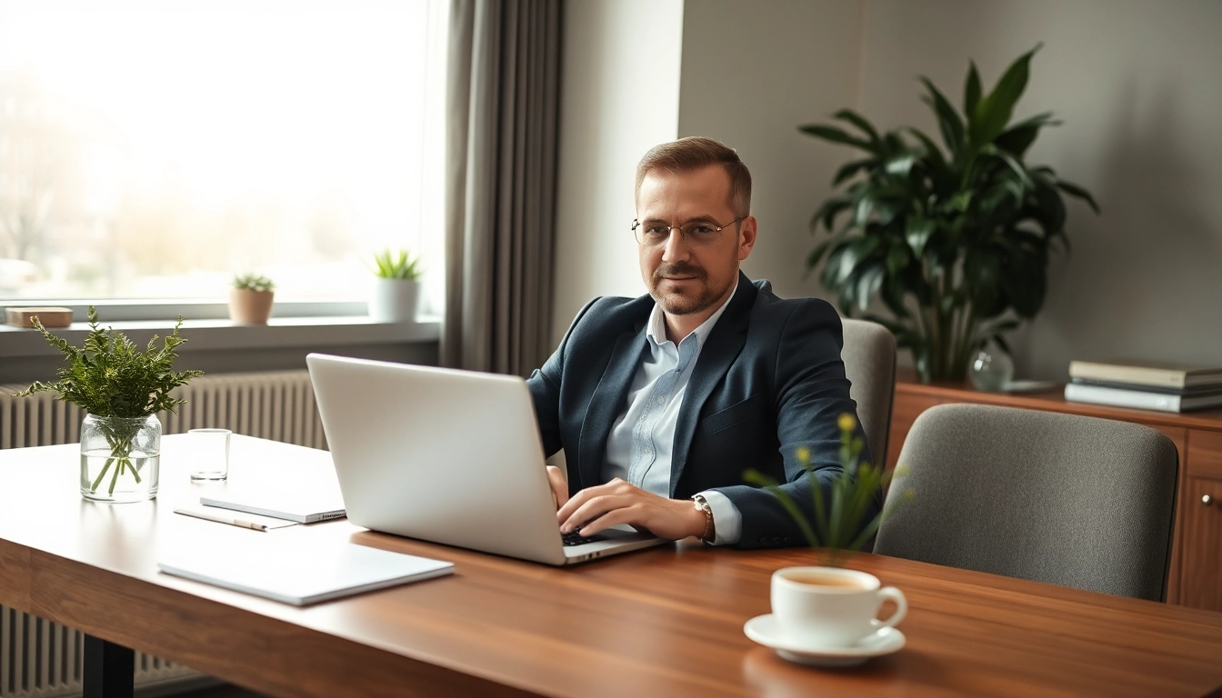 Headhunter Saarbrücken bei der Arbeit in einem modernen Büro mit Laptop und Notizen.