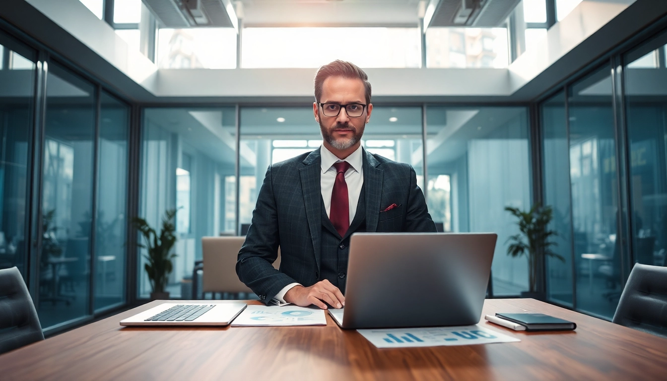 Headhunter Finance: Unternehmensberater in modernem Büro bei der Arbeit.