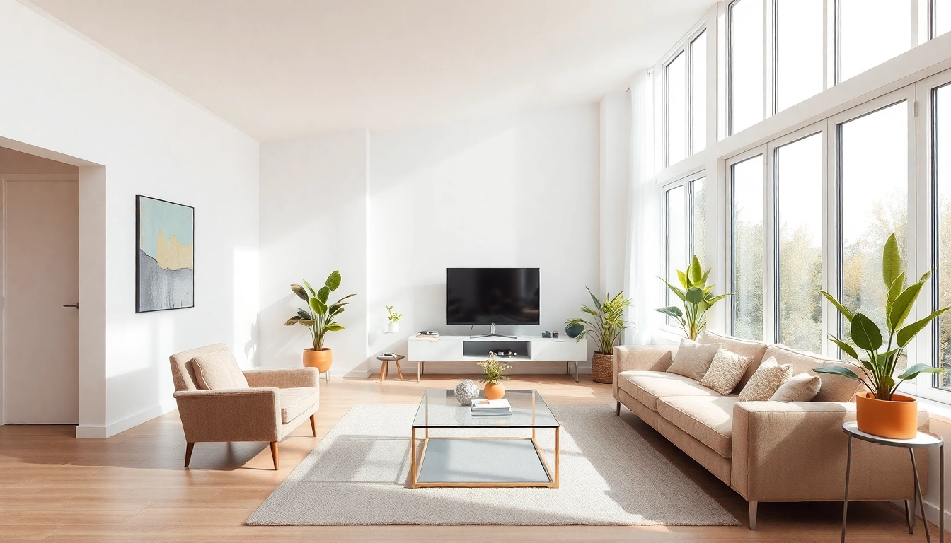 Moderne Raumgestaltung eines hellen Wohnzimmers mit stilvollen Möbeln und natürlichem Licht.