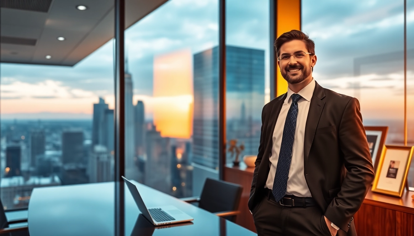 Portray a confident Headhunter CEO in an executive office with a city view.