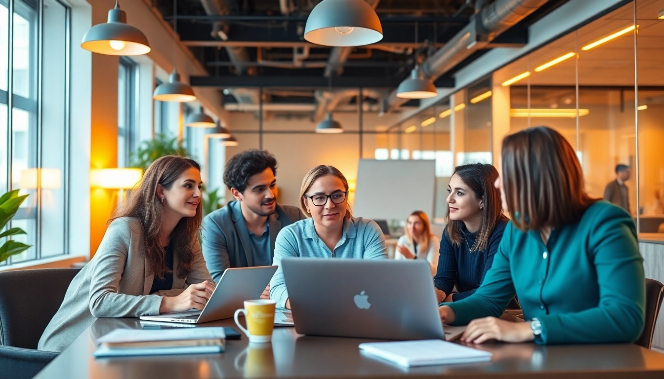 In an engaging office setting, Headhunter Monchengladbach recruiters collaborate with laptops and documents.