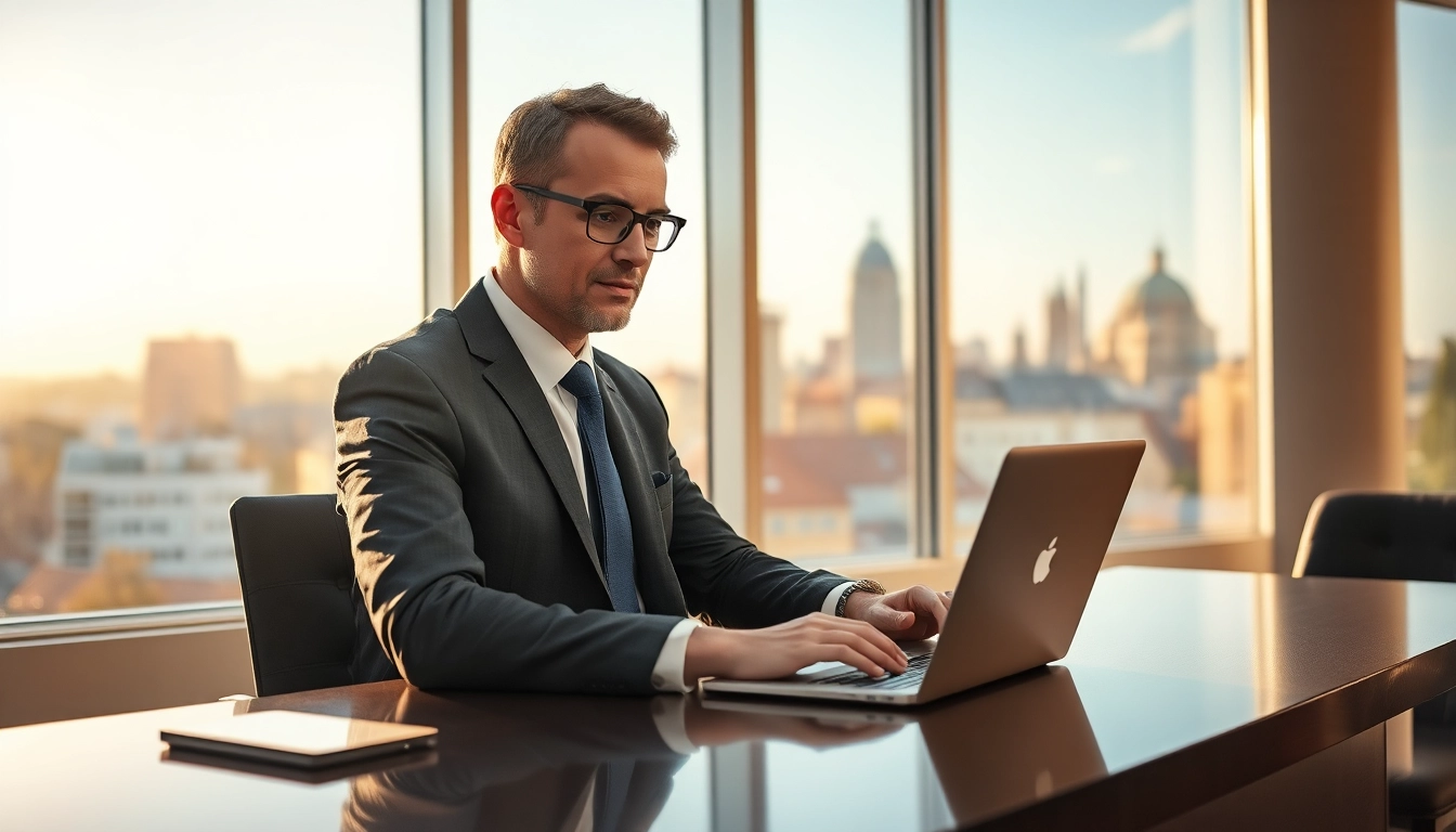 Headhunter Nürnberg bei der Arbeit am Schreibtisch in modernem Büro mit Skyline-Hintergrund.