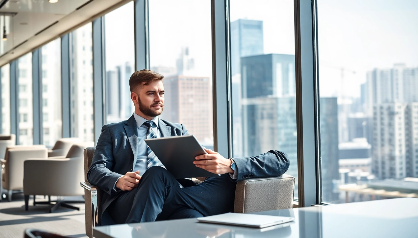Headhunter Geschäftsführer in elegantem Anzug am Laptop in Büro