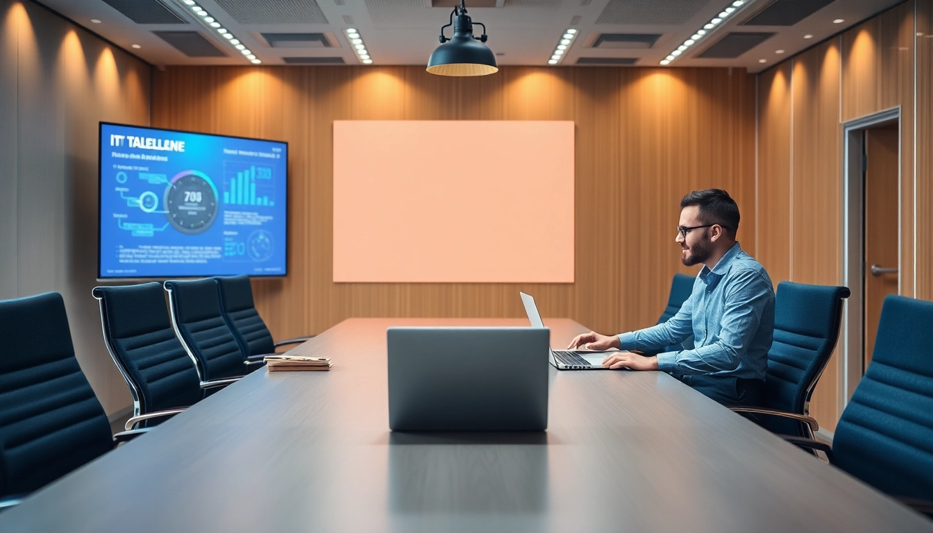 Headhunter IT Profi im Gespräch mit Klienten über IT-Talente in modernem Büro.