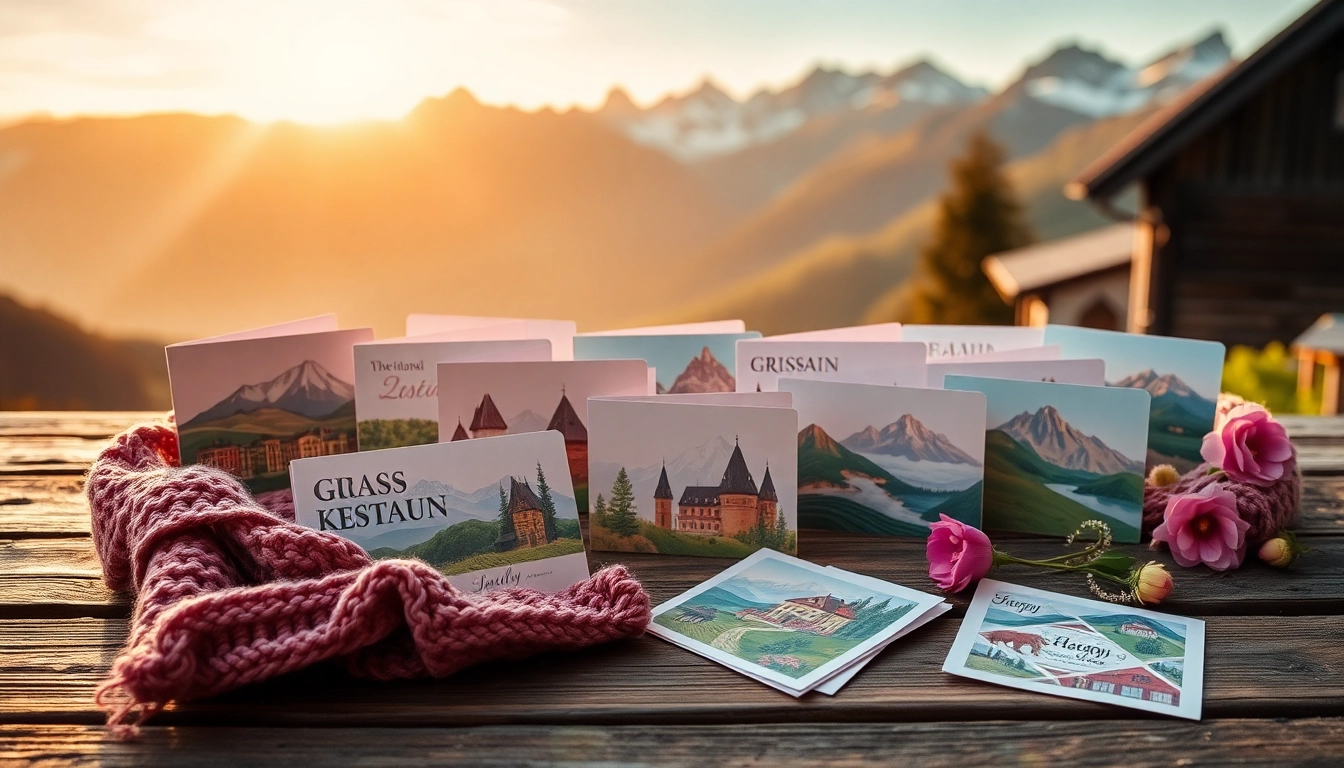 Entdecken Sie wunderschöne Grusskarten Schweiz auf einem rustikalen Tisch.