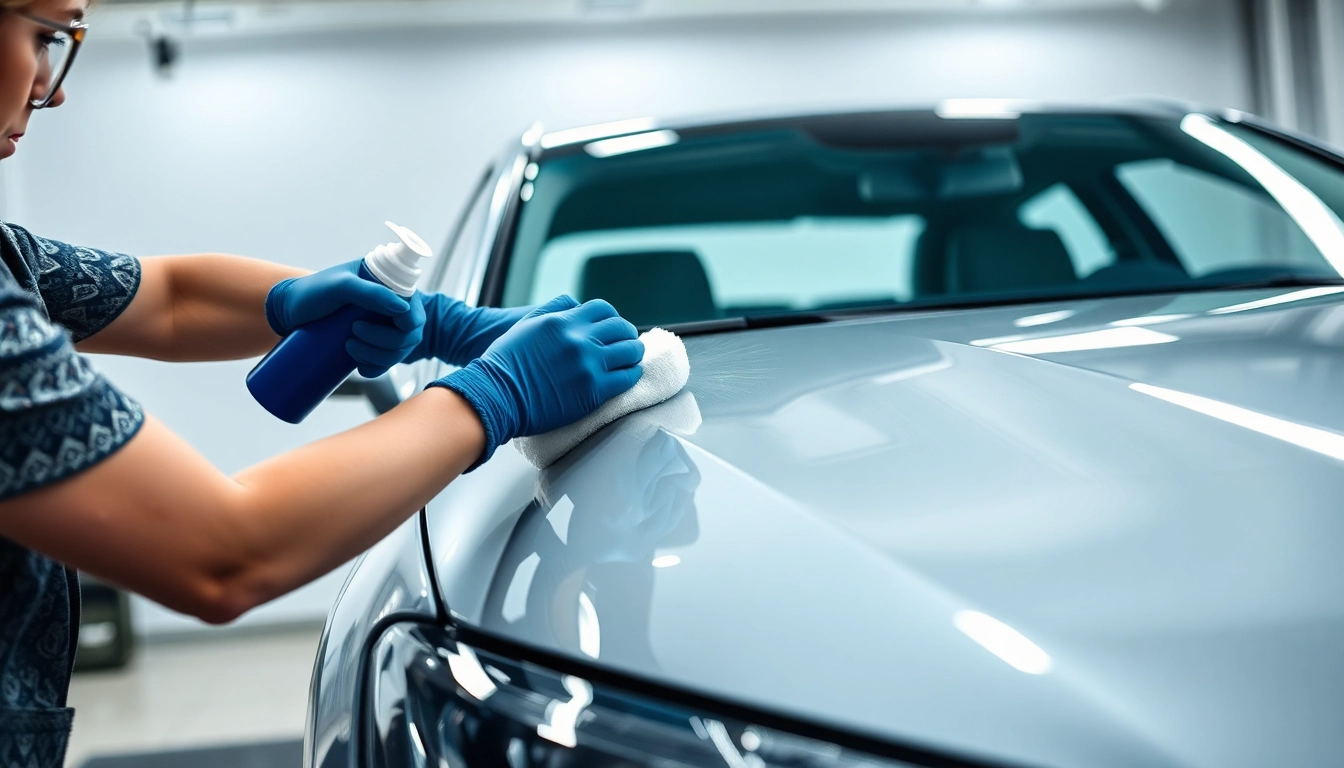Polieren eines Autos mit Detailing Produkte in einer modernen Garage.