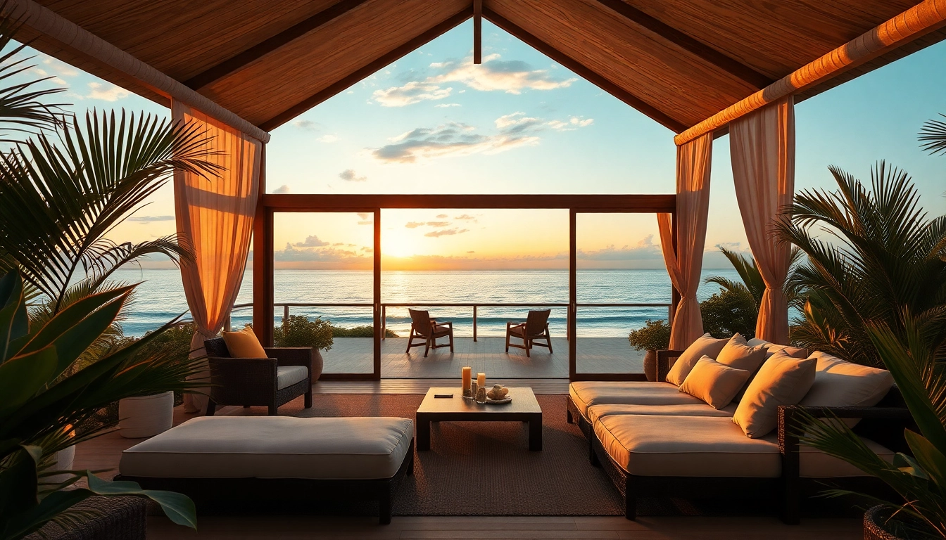 Genieße die Aussicht von einem luxuriösen Küsten-Cabana mit tropischem Flair und modernem Design.