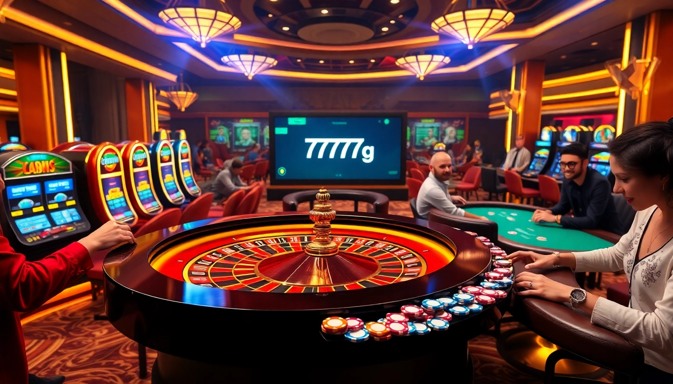 Gamblers placing bets on a roulette table featuring 777g gaming excitement amid bright casino lights.