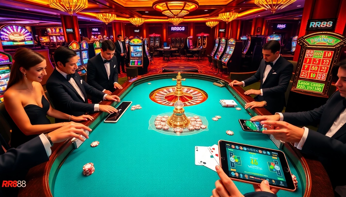 Players engaging at the luxurious RR88 casino table, surrounded by vibrant slot machines and betting chips.